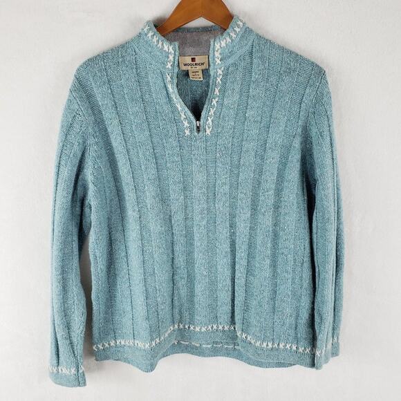 Woolrich Sweater Women L Petite Wool Blend Cross Stitch Knit Ribbed Aqua - Picture 1 of 6